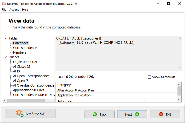 Pratinjau struktur data yang diekstraksi dari file database yang rusak