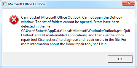 Tidak dapat memulai Microsoft Office Outlook. Tidak dapat membuka jendela Outlook. Kumpulan folder tidak dapat dibuka. Kesalahan telah terdeteksi dalam berkas [c:\..\outlook.pst]. Tutup Outlook dan semua aplikasi yang mendukung email, lalu gunakan alat perbaikan Kotak Masuk (Scanpst.exe) untuk mendiagnosis dan memperbaiki kesalahan dalam berkas. Untuk informasi lebih lanjut tentang alat perbaikan Kotak Masuk, lihat Bantuan