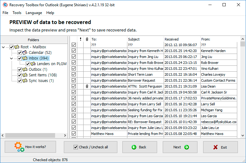 Membaca (mendeteksi dan memulihkan) data dari file *.pst yang dipilih