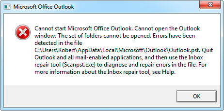 Tidak dapat memulai Microsoft Office Outlook. Tidak dapat membuka jendela Outlook. Kumpulan folder tidak dapat dibuka. Kesalahan telah terdeteksi dalam file [c:\..\outlook.pst]. Keluar dari Outlook dan semua aplikasi yang mendukung email, lalu gunakan alat perbaikan Kotak Masuk (Scanpst.exe) untuk mendiagnosis dan memperbaiki kesalahan dalam file. Untuk informasi lebih lanjut tentang alat perbaikan Kotak Masuk, lihat Bantuan